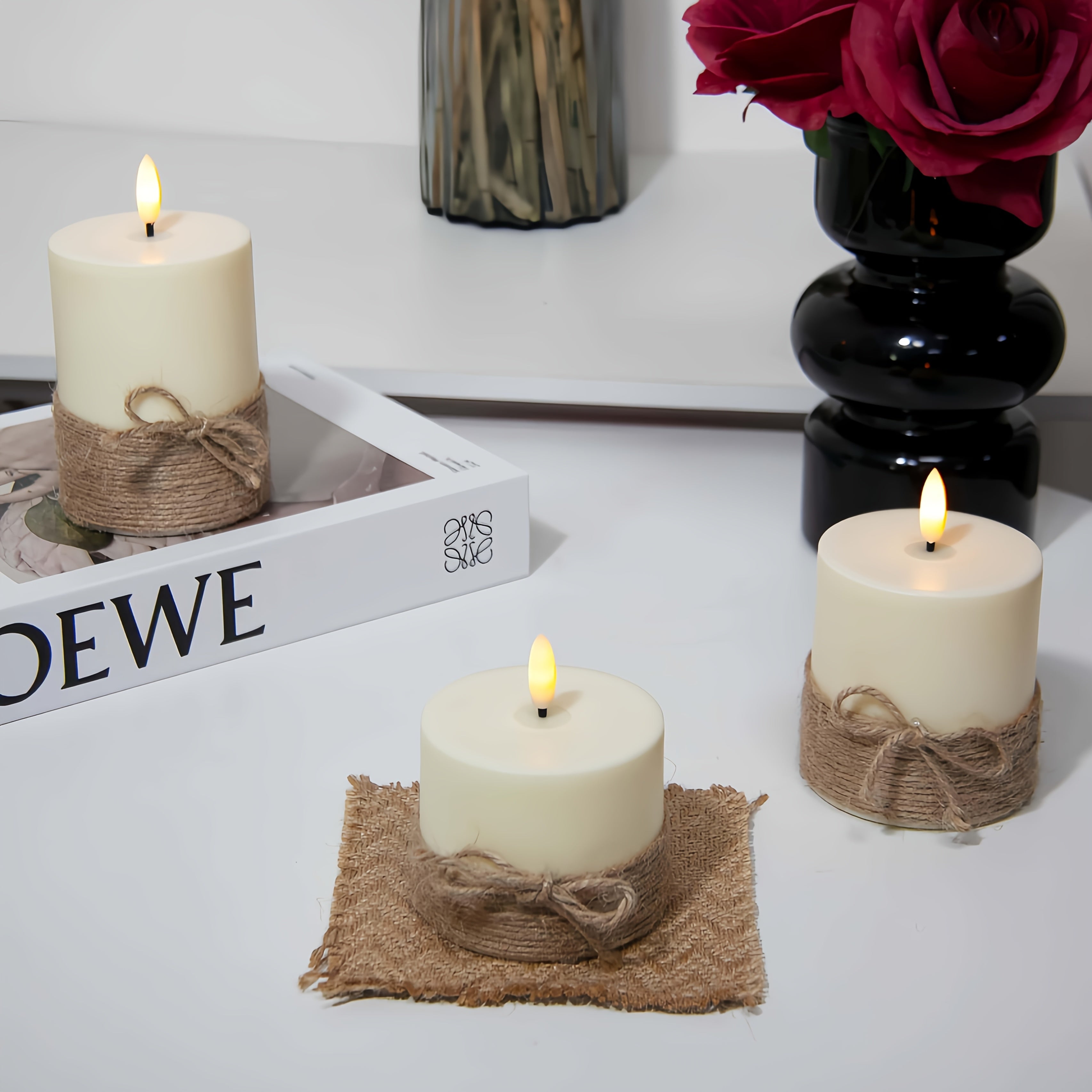3pcs Flameless Candle Light Set, Remote Control And Tied Rope Electronic Candles, Battery-Operated (Batteries Not Included In Shipping), Suitable For Birthday And Wedding Props, Remote Control Candles, Ideal For Home, Bedroom, Weddings, Proposals