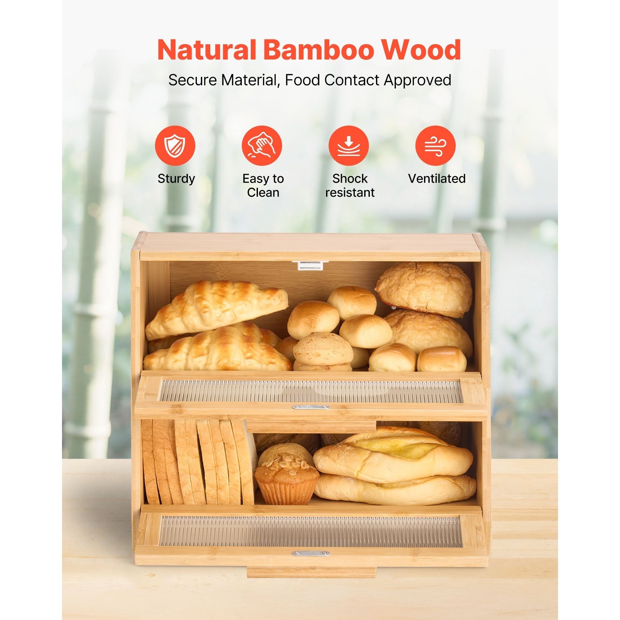 Space-Saving Countertop Bread Storage Box – fresh-bread countertop organization, VEVOR Bread Box for Kitchen Counter Large Capacity Bamboo Storage Container Single-layer Double-layer Black, designed for American homes, daily convenience and practical