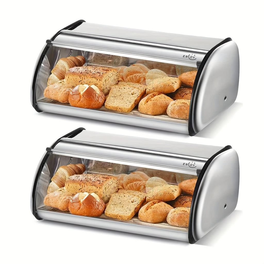 13 "Stainless Steel Roll Top Bread Box, Suitable for Countertop Bread Storage Containers with Stainless Steel Lid - Fresh And Insect Resistant, Can Hold Multiple Large Breads And Other Baked Goods Including Bagels Muffins, Fruit, Etc