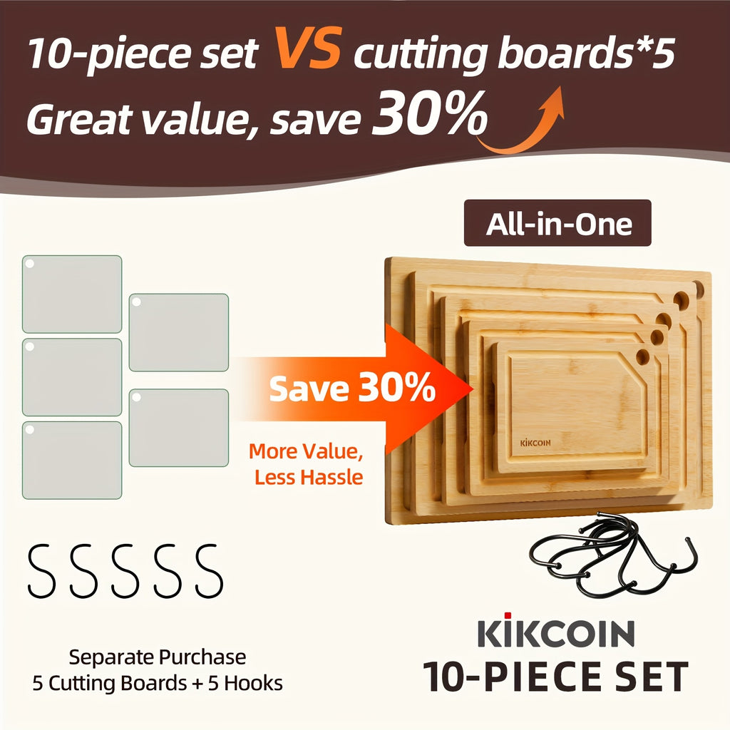 Modern 10pcs Bamboo Cutting Board Set – durable food prep and serving, 10pcs Bamboo Cutting Board Set with Hooks Trays Natural Bamboo Kitchen Gadgets Features A, designed for American homes, daily convenience and practical gifting