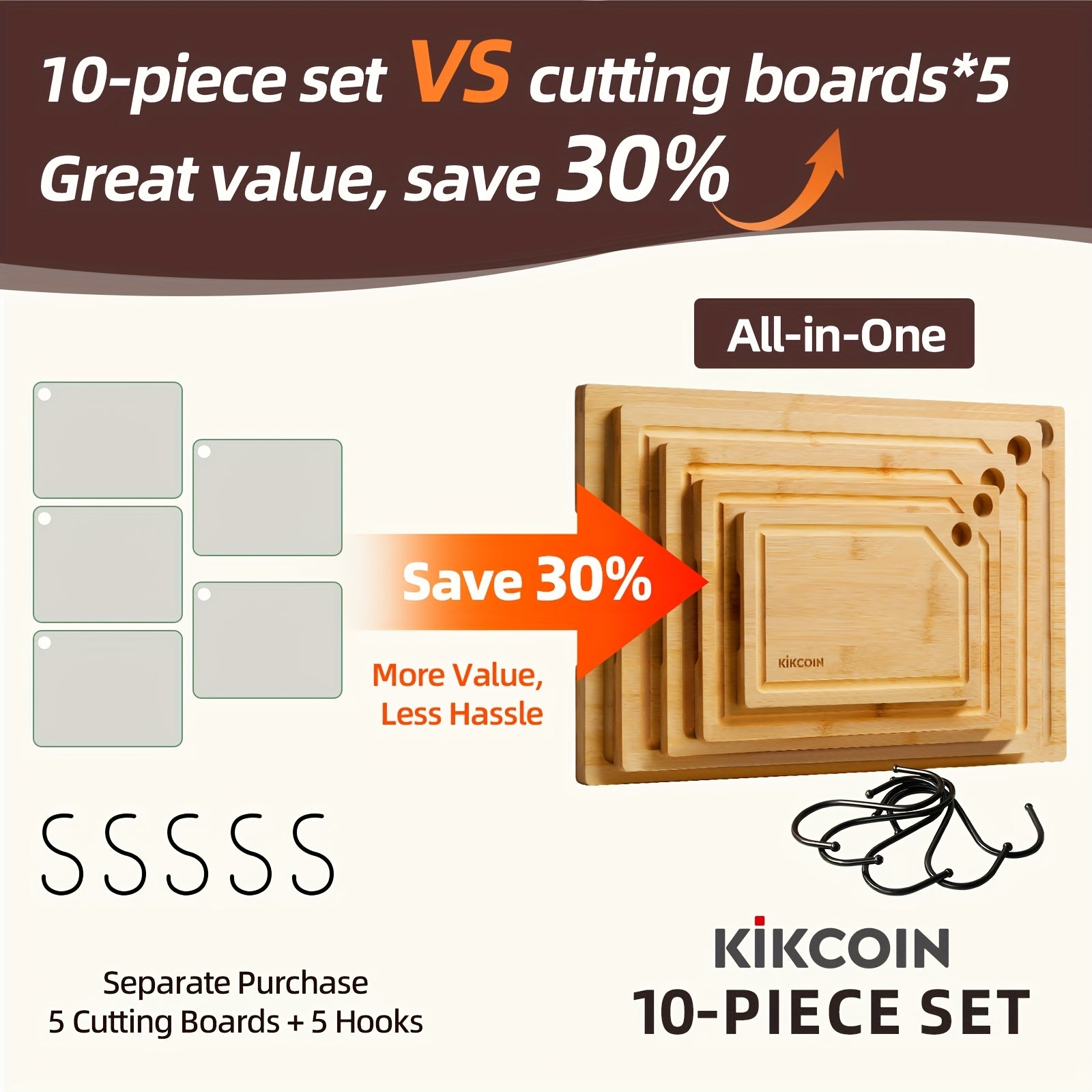 Modern 10pcs Bamboo Cutting Board Set – durable food prep and serving, 10pcs Bamboo Cutting Board Set with Hooks Trays Natural Bamboo Kitchen Gadgets Features A, designed for American homes, daily convenience and practical gifting