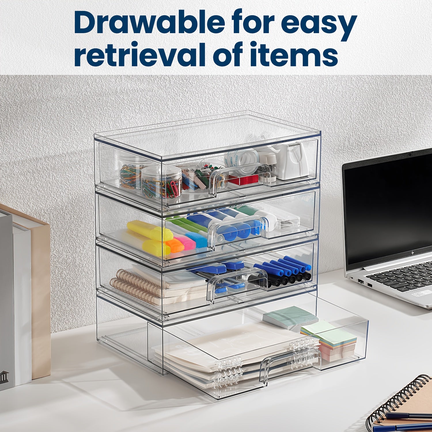 7.5"D X 12.1"W X 3.5"H Table And Drawer Storage, 2-Pack Clear Stackable Storage Drawers, Acrylic Plastic Organizer Bins, Ideal for Desk Organization, Desk & Drawer Organizer for Home Storage