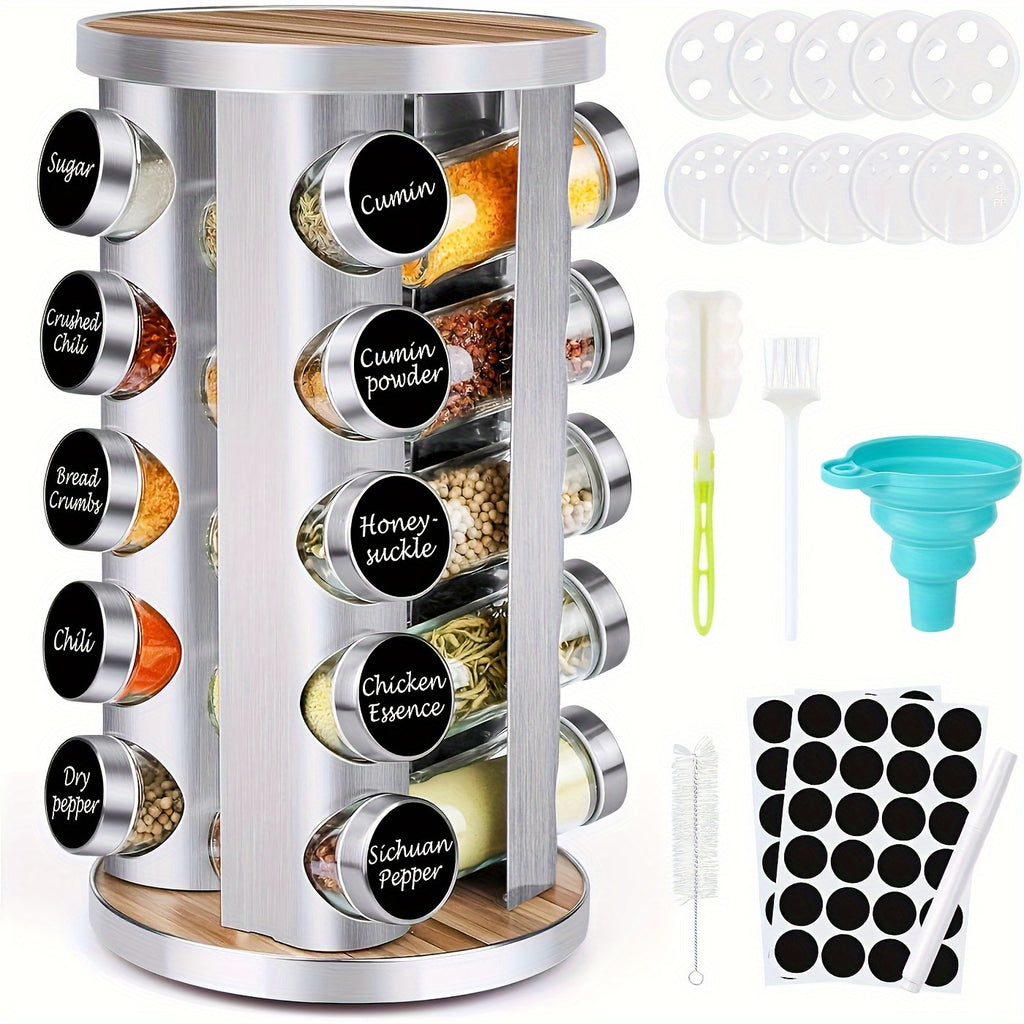 Spice Rack Organizer with Jars for Cabinet Revolving/Rotating Seasoning Organizer, Stainless Steel/Wooden Countertop Rack Tower Organizer for Kitchen Pantry with Reusable Labels/Funnel/Brushes