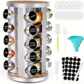Spice Rack Organizer with Jars for Cabinet Revolving/Rotating Seasoning Organizer, Stainless Steel/Wooden Countertop Rack Tower Organizer for Kitchen Pantry with Reusable Labels/Funnel/Brushes