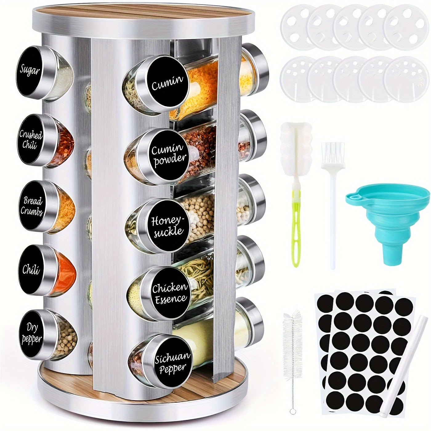 Spice Rack Organizer with Jars for Cabinet Revolving/Rotating Seasoning Organizer, Stainless Steel/Wooden Countertop Rack Tower Organizer for Kitchen Pantry with Reusable Labels/Funnel/Brushes