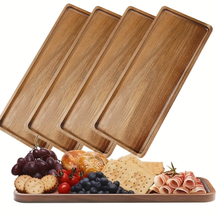 4pcs Small Acacia Wood Serving Platters, Rectangular Decorative Trays, Display Trays, Rectangular Wooden Platters for Home Decor, Cheese And Appetizer Plates, Kitchen Dinner Plates, Rectangular Cake And Dessert Trays for Food Serving