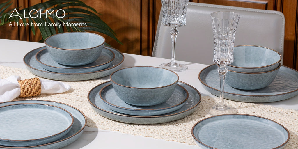 Heavy-Duty 12pcs Decorative Home Lighting – warm functional room lighting, ALOFMO 12pcs Light Grayish Blue Reactive Glaze Ceramic Dinnerware Set High-Quality Water Wave Stoneware, designed for American homes, daily convenience and practical gifting