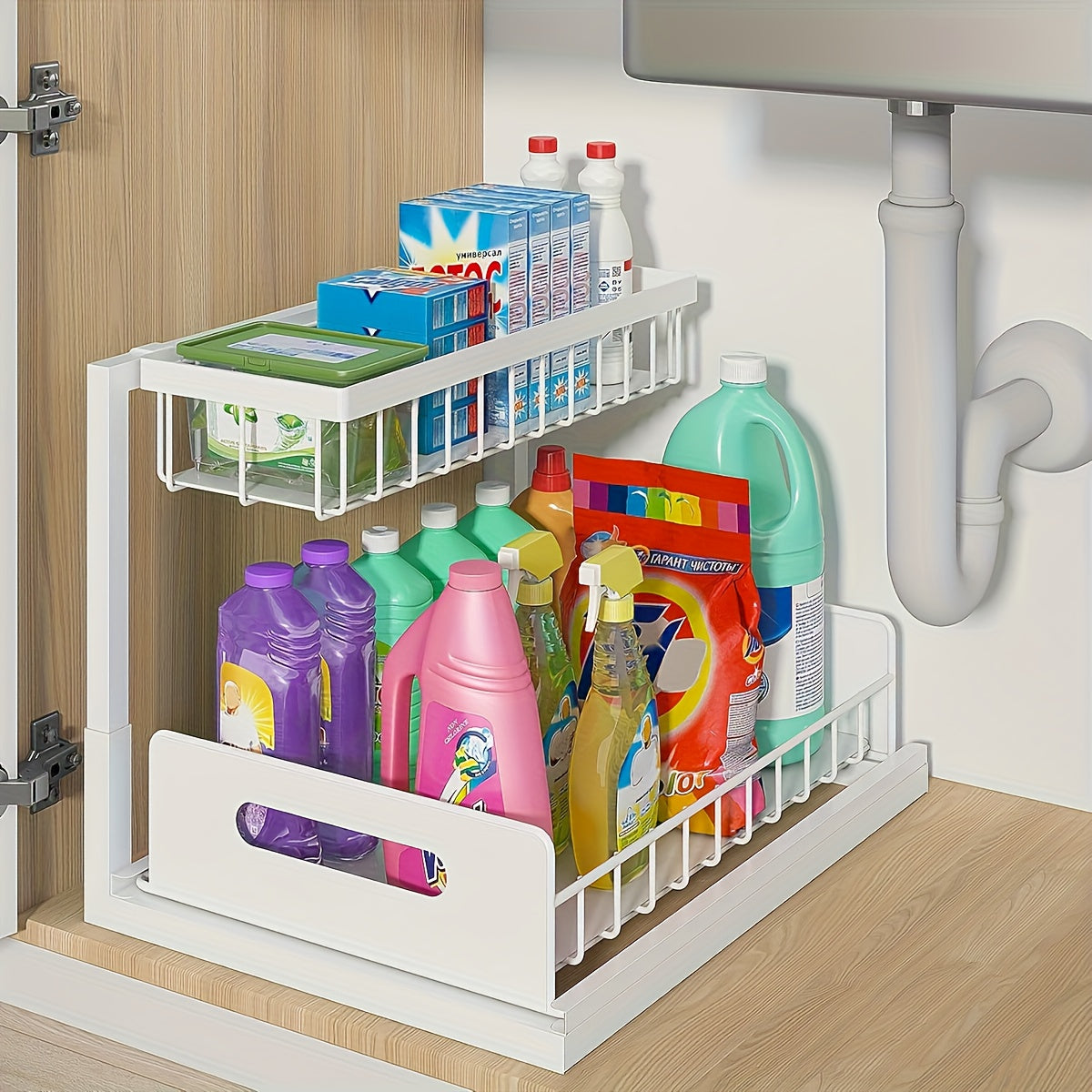 Storage Rack – Two-Tier Under-Sink Organizer Featuring a Sliding Drawer, Metal Pull-Out Storage R