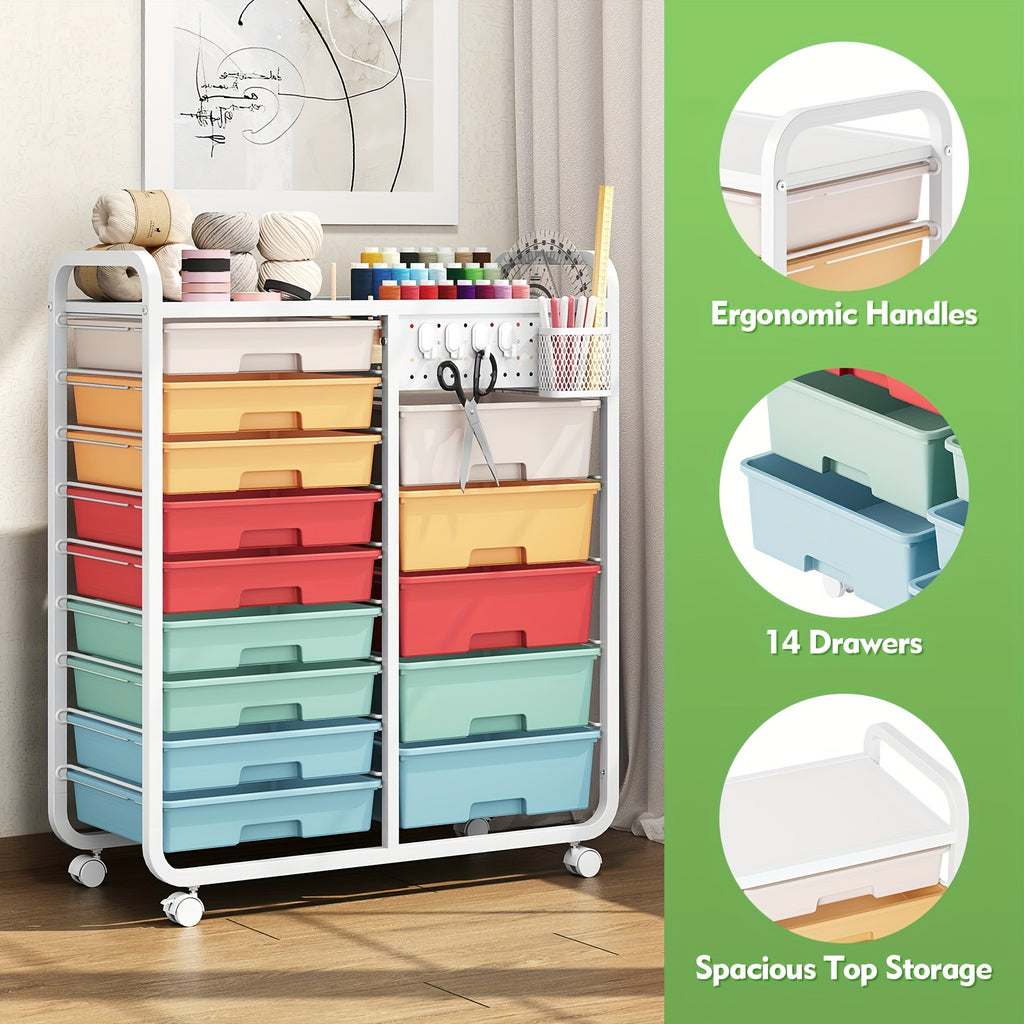 Space-Saving Pull-Out Cabinet Organizer – smooth-access cabinet organization, TOOLF 14-Drawer Rolling Storage Cart with Tabletop Pegboard Mobile Utility Cabinet on Wheels -, designed for American homes, daily convenience and practical gifting