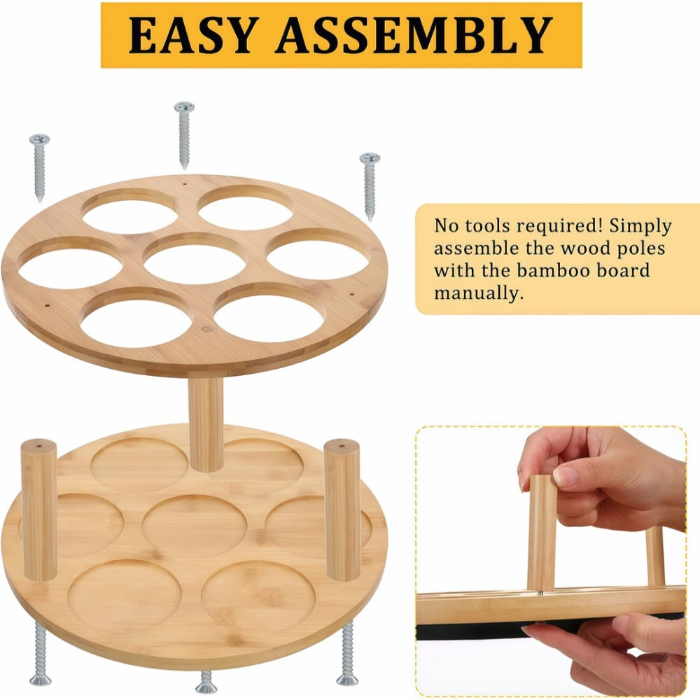 7 - Bottle 360 degree Rotating Storage Rack - Multi - Purpose Wooden Organizer for Kitchen Spices - Water Cups, Space-Saving Display Stand with Smooth Rotation,Tidy Desktop & Countertop Decor
