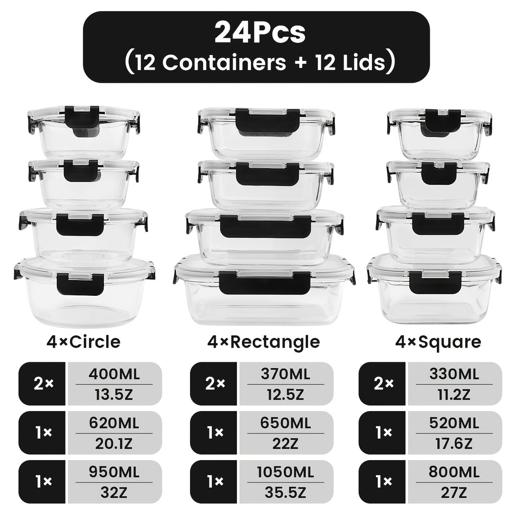 Versatile 24pcs Glass Meal Prep Container Set – leak-resistant reusable meal prep, 24pcs Glass Food Storage Containers with Lids Meal Prep Pantry Kitchen Storage Containers for, designed for American homes, daily convenience and practical gifting