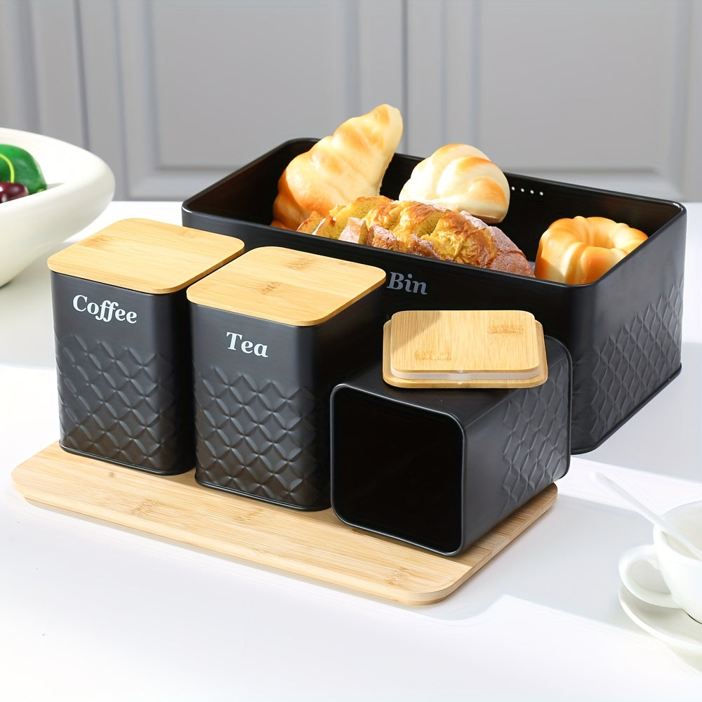 Compact Airtight Storage Jar Set – clear reusable pantry storage, Black Bread Bin with 3 Square Canisters, designed for American homes, daily convenience and practical gifting