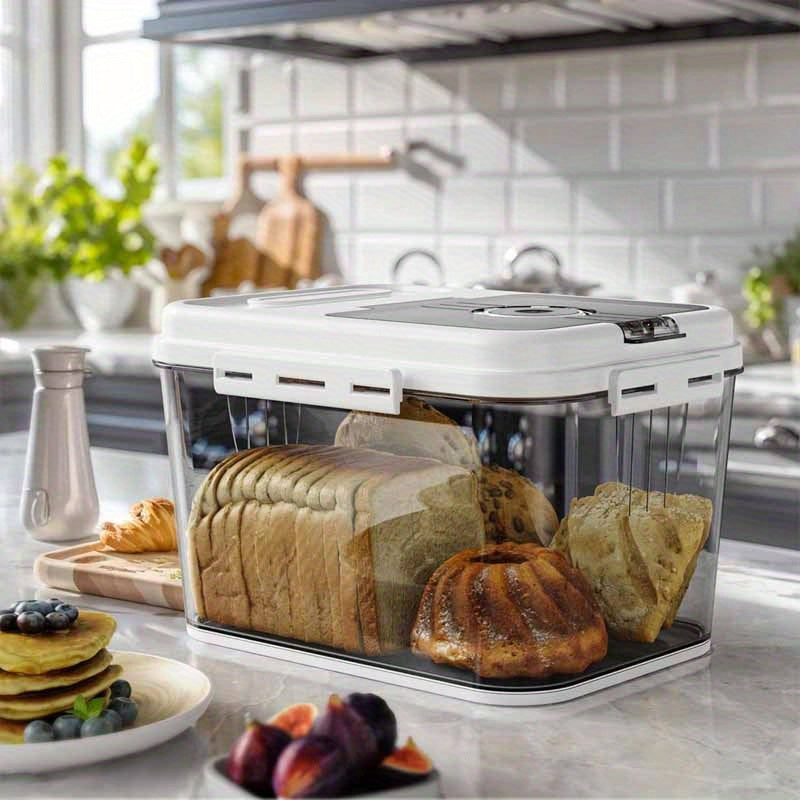 Airtight Bread Storage Container - 1.32-Gallon Flip-Top Bread Box for Kitchen Countertop, Perfect for Homemade Bread, Cookies, Cereal, Fruits, And More, Complimentary Bread Tongs And Measuring Cups, Stylish White Design