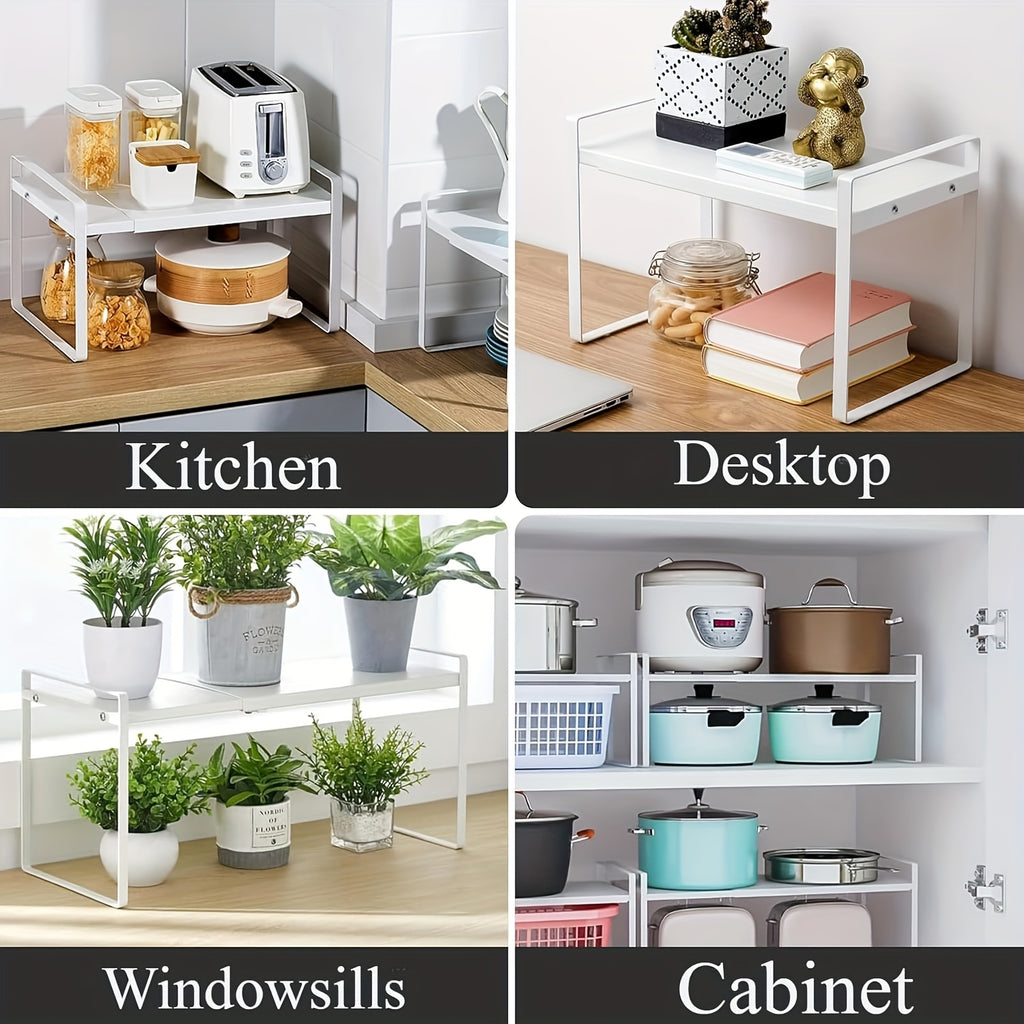 Cabinet Shelf Expandable Height Adjustable Organizer Riser for Kitchen Cabinet Pantry Cupboard Under Sink Countertop Organization Storage Space Saver Stackable Heavy Duty Metal, White/Black, for Christmas Gifts, Standing Shelf, Standing Shelf