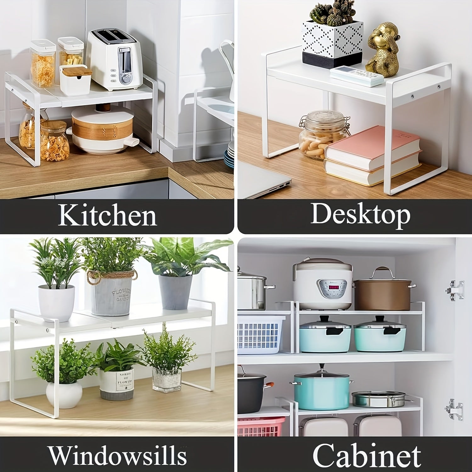 Cabinet Shelf Expandable Height Adjustable Organizer Riser for Kitchen Cabinet Pantry Cupboard Under Sink Countertop Organization Storage Space Saver Stackable Heavy Duty Metal, White/Black, for Christmas Gifts, Standing Shelf, Standing Shelf