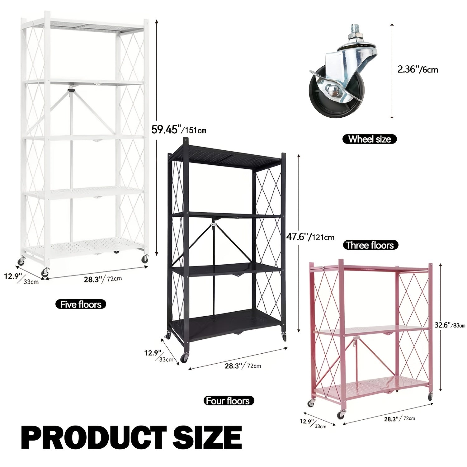 Compact Adjustable Home Storage Rack – durable multi-purpose storage, 5 4 3-Tier Heavy-Duty Folding Storage Rack With Wheels - Portable Multi-Layer Floor-standing Shelf, designed for American homes, daily convenience and practical gifting
