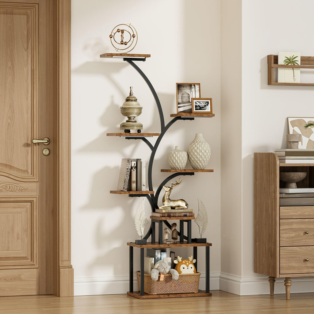1pc Bookcase with LED Lights, 8-tier Corner Display Stand, 61.5" Multi-functional Metal Display Shelf for Plants, Handicraft, Tree-shaped Plant Shelf for Living Room, Study, Bedroom, Balcony, Entrance, Home Decor, Good Gift Choice