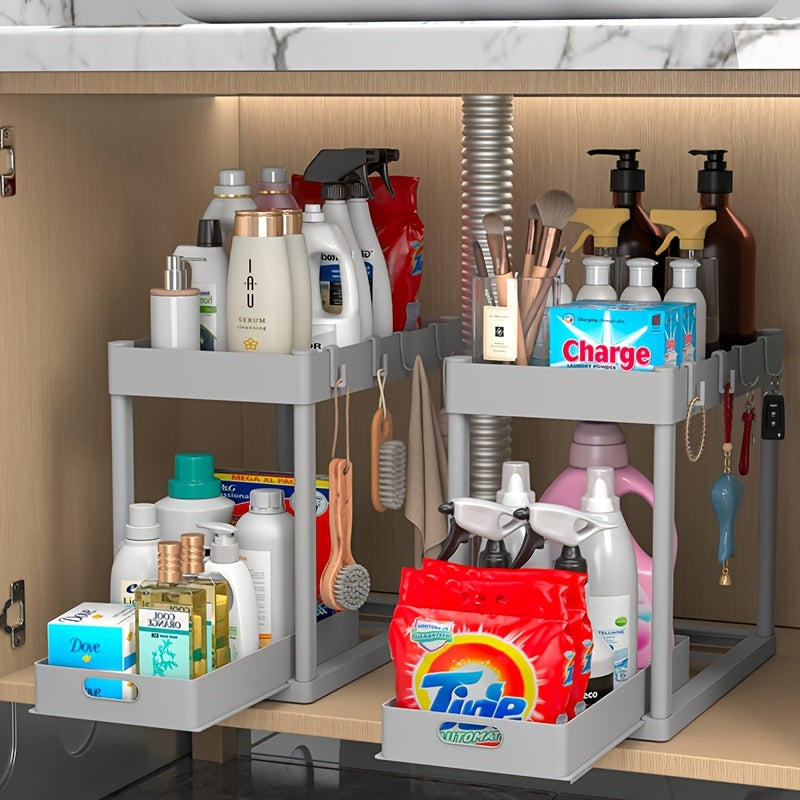 Kitchen Essential – 2pcs Under-Sink Storage Rack For Kitchen, Kitchen Cabinet Organizer, Double Sliding Cabinet Basket Storage Drawer, Kitchen Accessories, Kitchen Storage Rack And Cabinet,