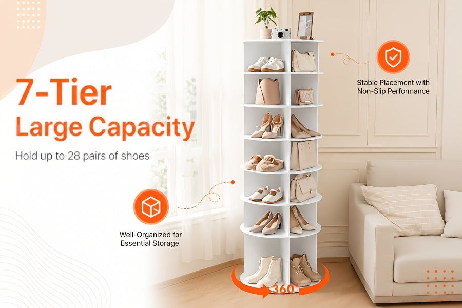 Kitchen Essential – 7-Tier 72.44in Tall Rotating Shelf - No-Drill Space-Saving Storage Rack, 360° Swivel Organizer, Easy Install Stackable Lazy Susan for Bathroom, Kitchen, Entryway, Closet