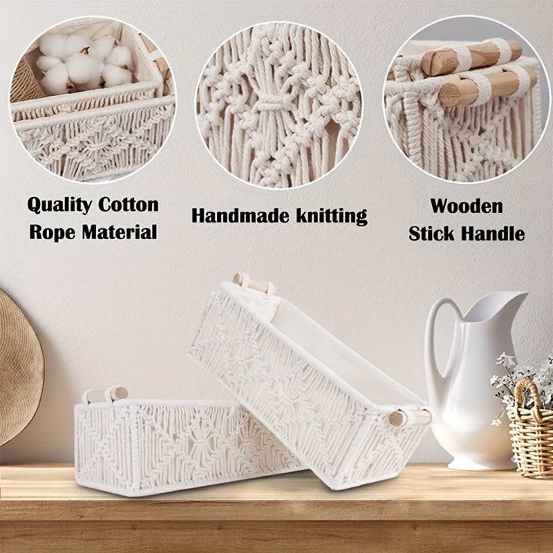 2/4pcs Bohemian Hand-woven Storage Basket In Textile Material With Grid Design Desktop Organization Box For Home And Office