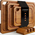 Deep Carbonized Bamboo Cutting Board Set with Wooden Rack - Double-Sided Suitable for Kitchen, Suitable for Cooked & Food, Oil Drainage Groove & System, Ergonomic Handle, Bamboo Board and Storage Shelf Gift for