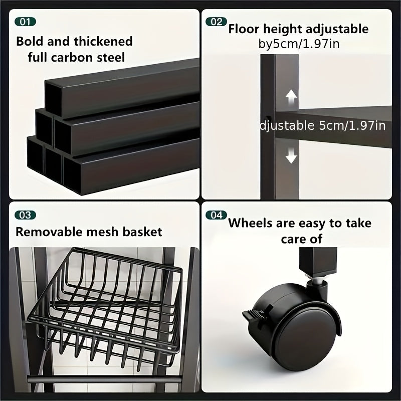 Smart Adjustable Home Storage Rack – durable multi-purpose storage, Kitchen Storage Shelf with Mesh Baskets Metal Frame Serving Cart with Wheels Rolling Baker, designed for American homes, daily convenience and practical gifting