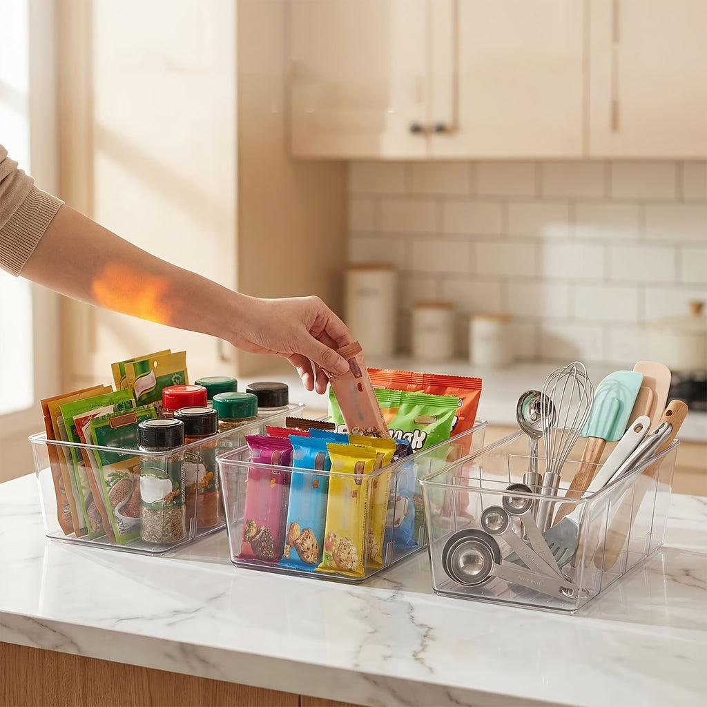 Kitchen Essential – [8 Transparent Storage Bins] Set of 8 Transparent Storage Bins for Organizing Food in The Pantry, Kitchen, Refrigerator, And Cabinets, Featuring 4 Compartments for Packet