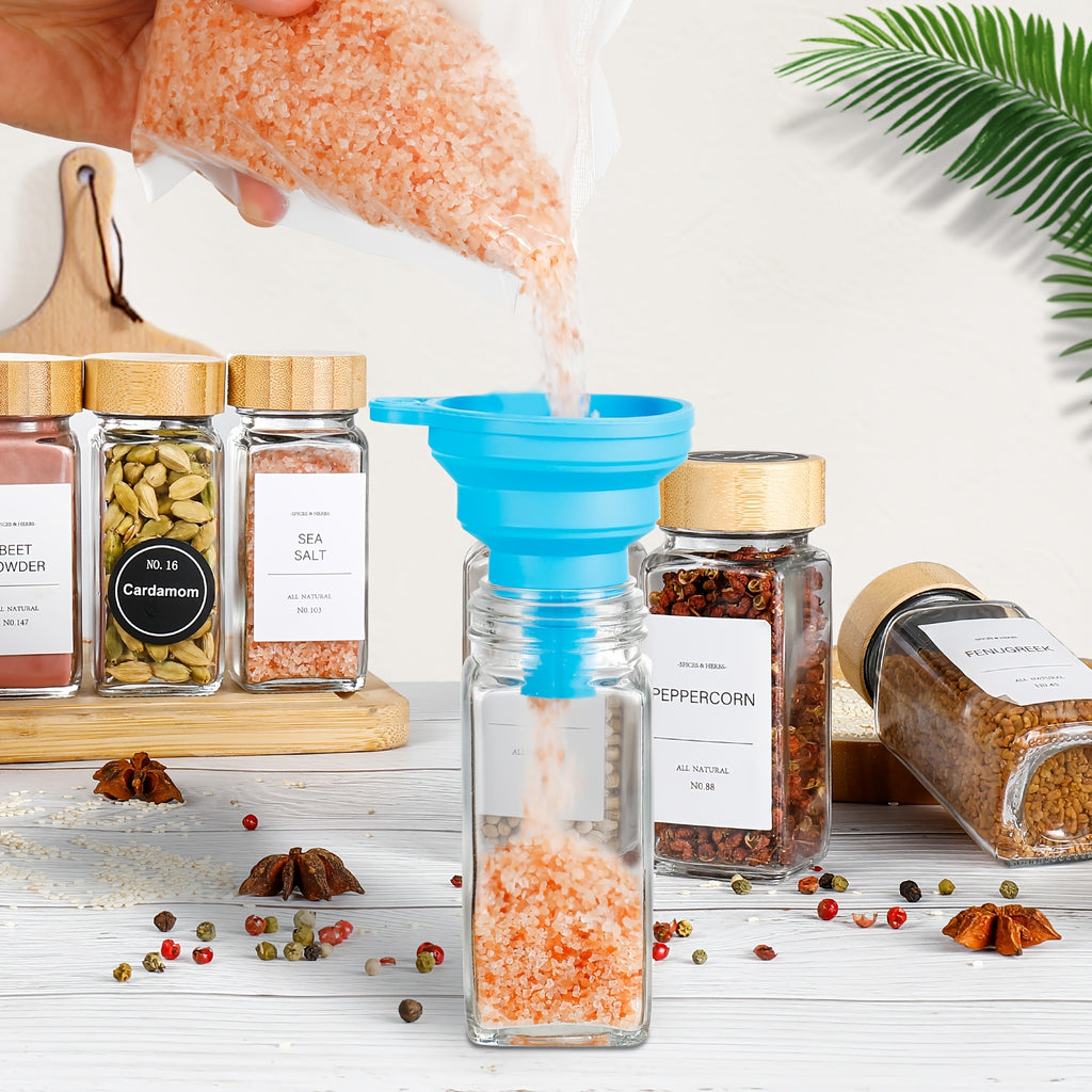 15/24/36pcs Glass Food Dispensing Jars - 4oz, with Bamboo Lids, Labeled Glass Jars with Collapsible Funnels, Spice Racks, Cupboards, And Drawers for Seasoning Dispensing Storage Bottles, Food Dispensers