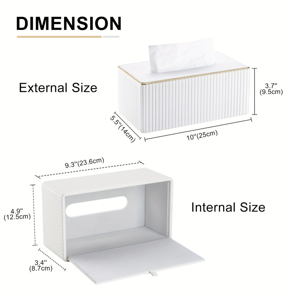 Smart Stackable Home Storage Bins – portable space-saving storage, Cream White Vertical Striped Faux Leather Tissue Box With Golden Trim Desktop Napkin Dispenser, designed for American homes, daily convenience and practical gifting