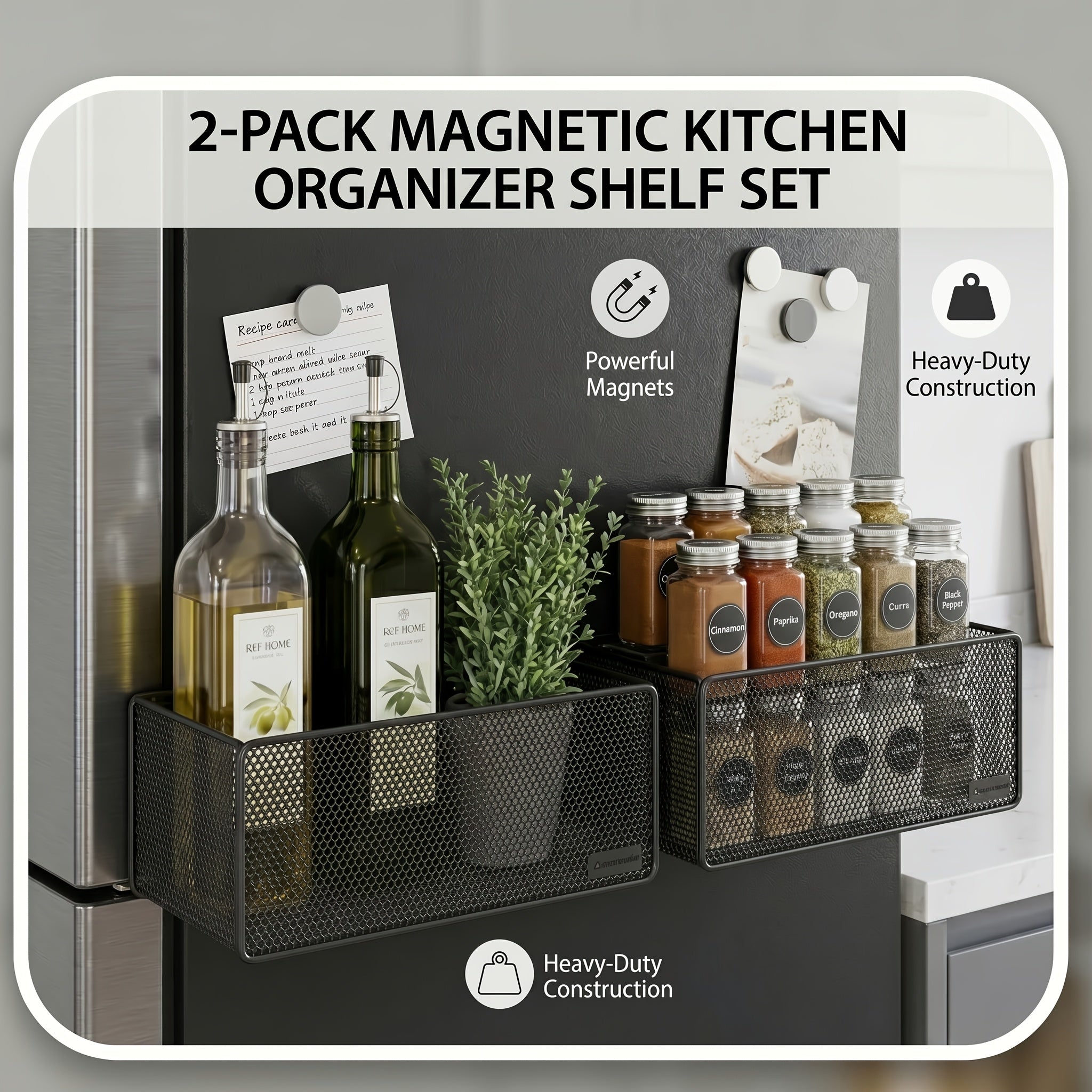 Kitchen Essential – 1/2pcs Magnetic Kitchen Storage Basket, Drill-free Metal Grid Organizer, Mountable On Refrigerator Top Side Door Cabinet Wall, Home Sundries Utensil Storage Rack for Mode