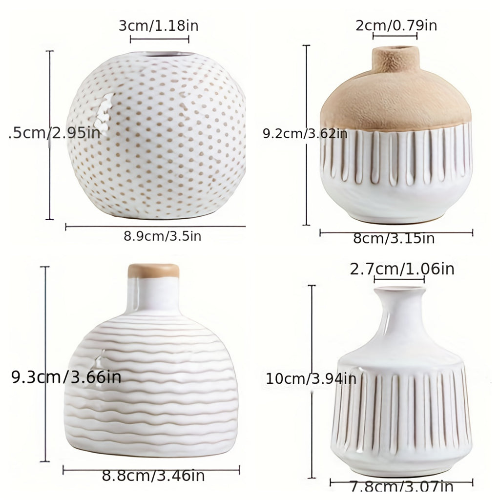 4pcs Bohemian Minimalist Small Ceramic Vases, Suitable for Bedrooms, Living Rooms, Offices, Fireplace Centers, Used as Farmhouse and Rural Retro Vase Home Decorations, and Various Holiday Gifts.