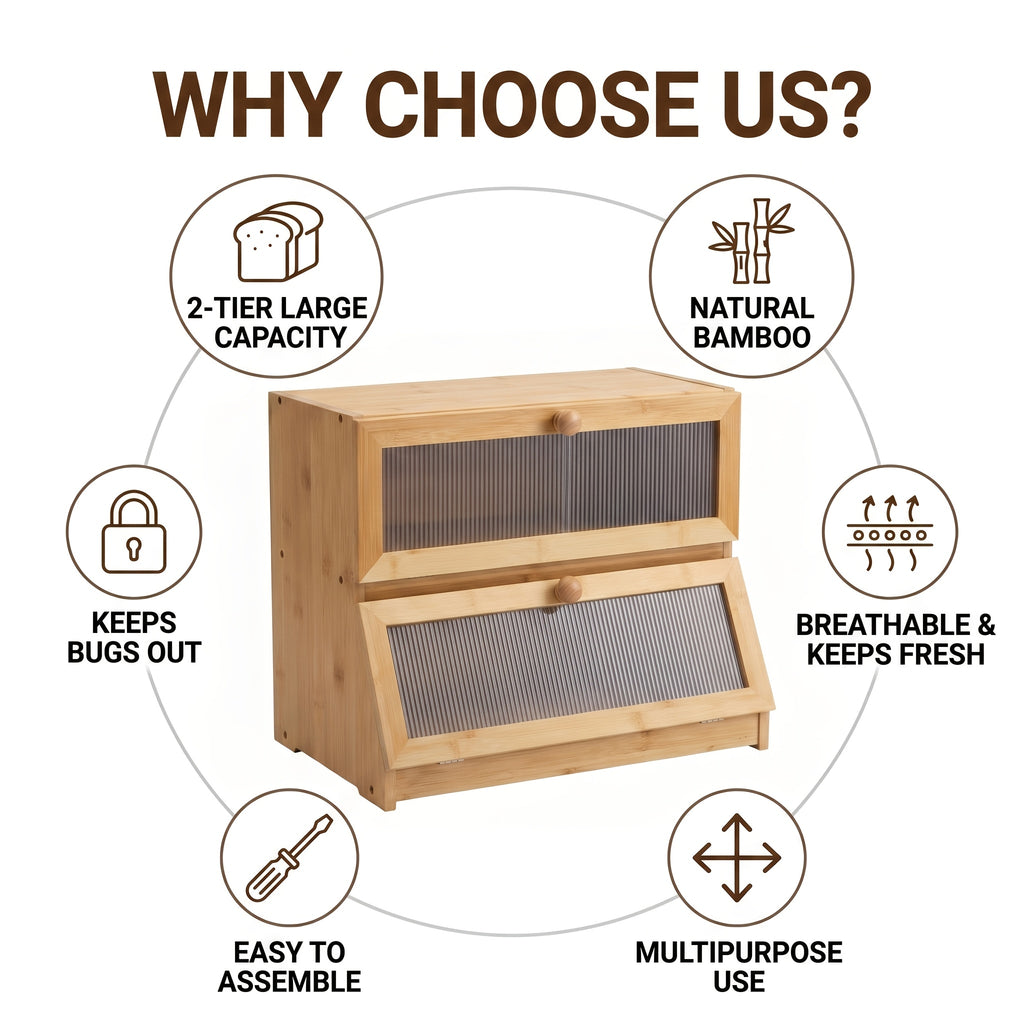 Versatile Countertop Bread Storage Box – fresh-bread countertop organization, 2-Tier Bamboo for bread Box Roll-Top Doors No Cross Flavor Natural Bamboo Countertop Food, designed for American homes, daily convenience and practical gifting