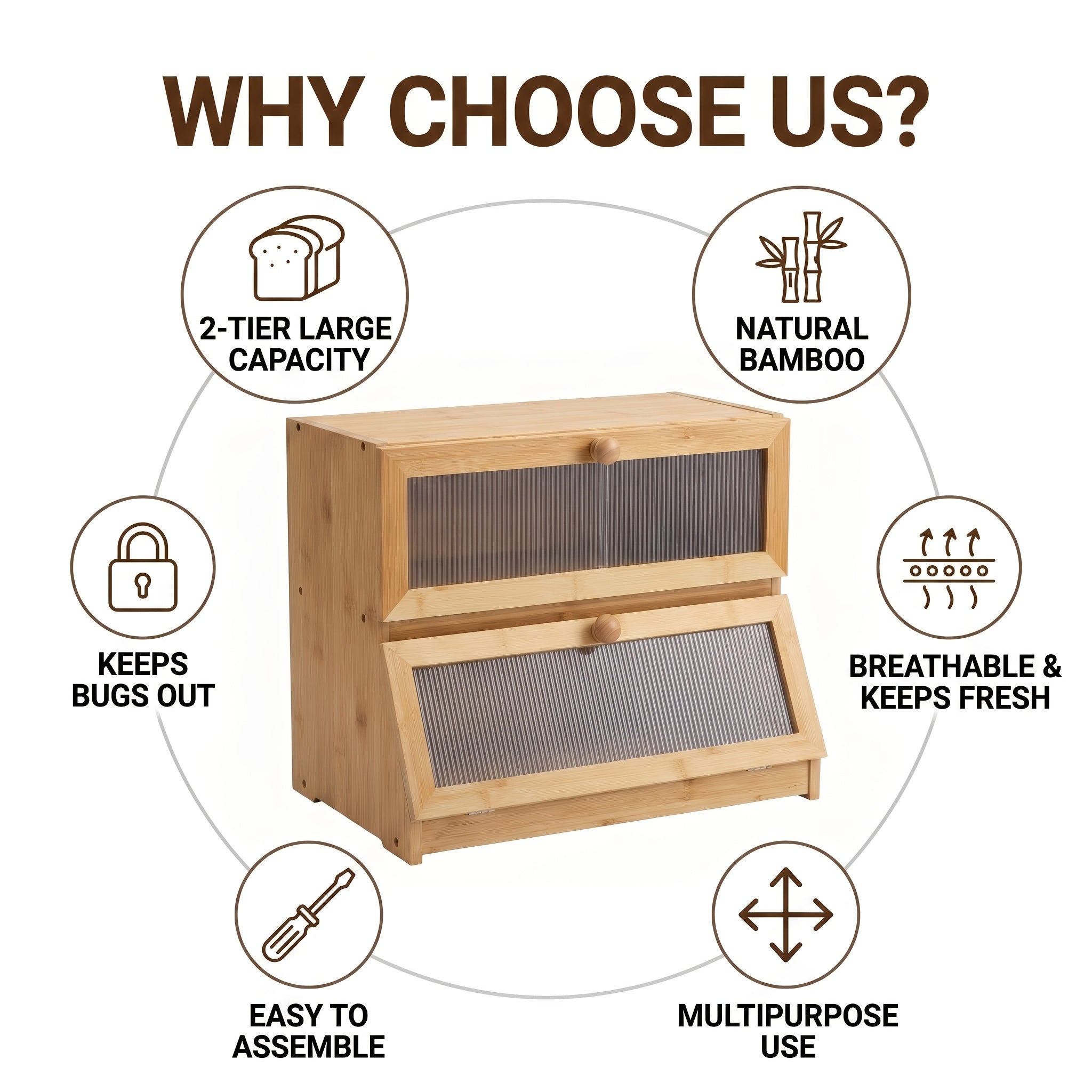Versatile Countertop Bread Storage Box – fresh-bread countertop organization, 2-Tier Bamboo for bread Box Roll-Top Doors No Cross Flavor Natural Bamboo Countertop Food, designed for American homes, daily convenience and practical gifting