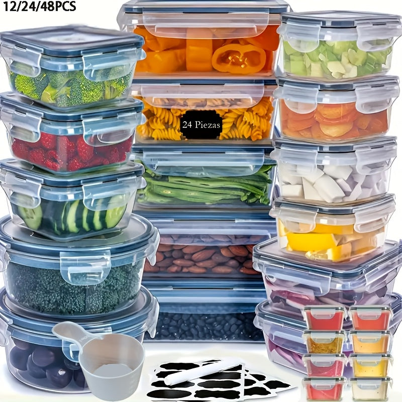 24/48pcs Food Storage Containers Set Kitchen Organizers Meal Prep Container Airtight, BPA-Free Reusable Snack Lunch Containers, Easy-Snap Lids, Plastic 12/24 Containers+12/24 Lids Pantry Kitchen Organization with Labels And Marker