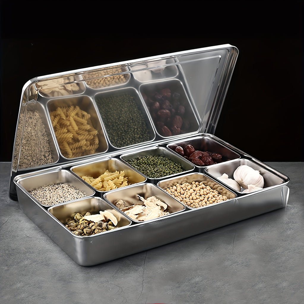 1pc Stainless Steel Compartment Seasoning Container with Lid And Spoon - Multi-Purpose Seasoning Storage Tray for Salt, Sugar, Oil, Nuts, Snacks, Spice Bottles - Kitchen Cooking Organizer for Food Service And Catering