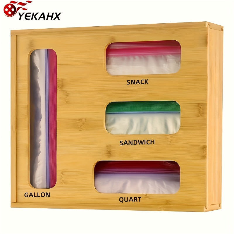 Bamboo Kitchen Drawer Storage Organizer - Foil And Plastic Wrap Dispenser with Cutter, Adjustable Dividers, And Compact Design for Gallon, Quart, Sandwich, Snack Bags And More