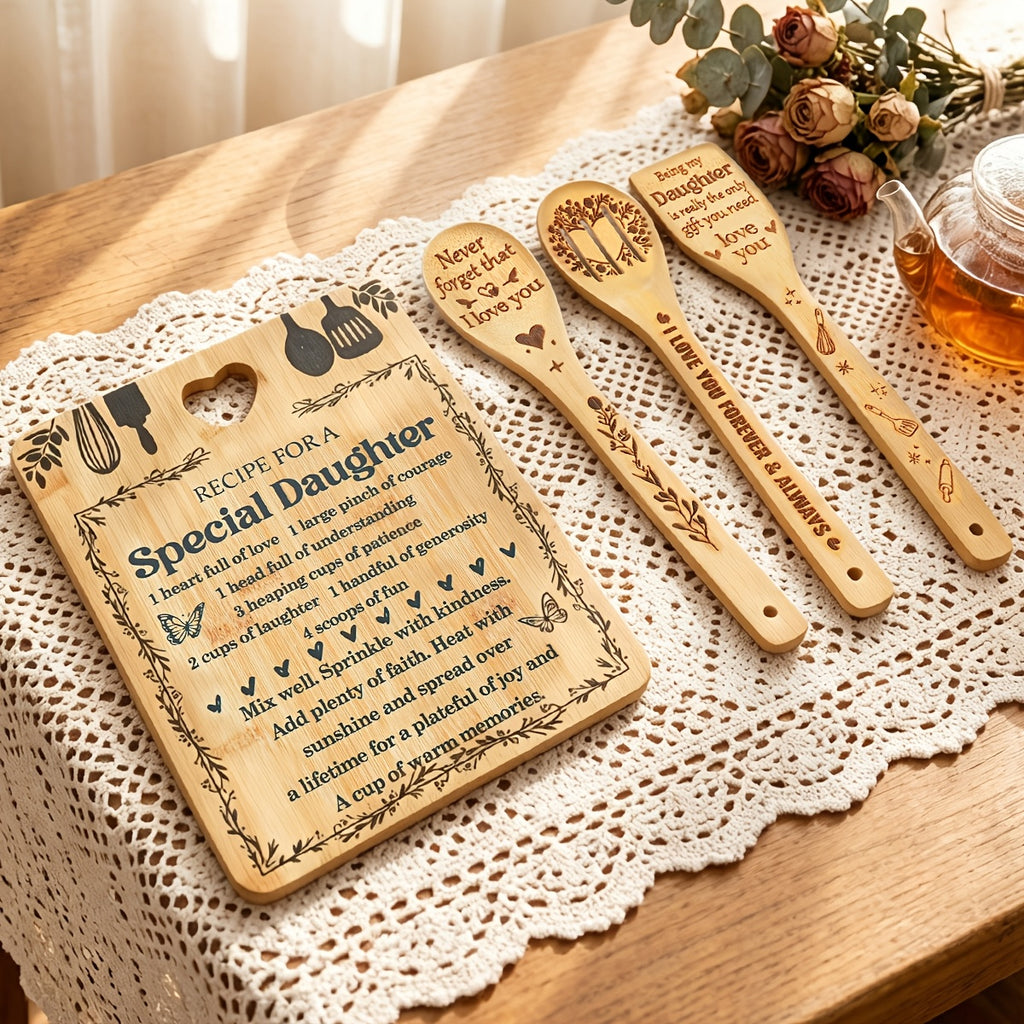 Gifts for Daughter - "Recipe for a Special Daughter" Daughter Birthday Gifts Cutting Board Set Bamboo-Made Engraved Utensil Set Birthday Gifts for Daughter Mothers Day Gifts for Daughter