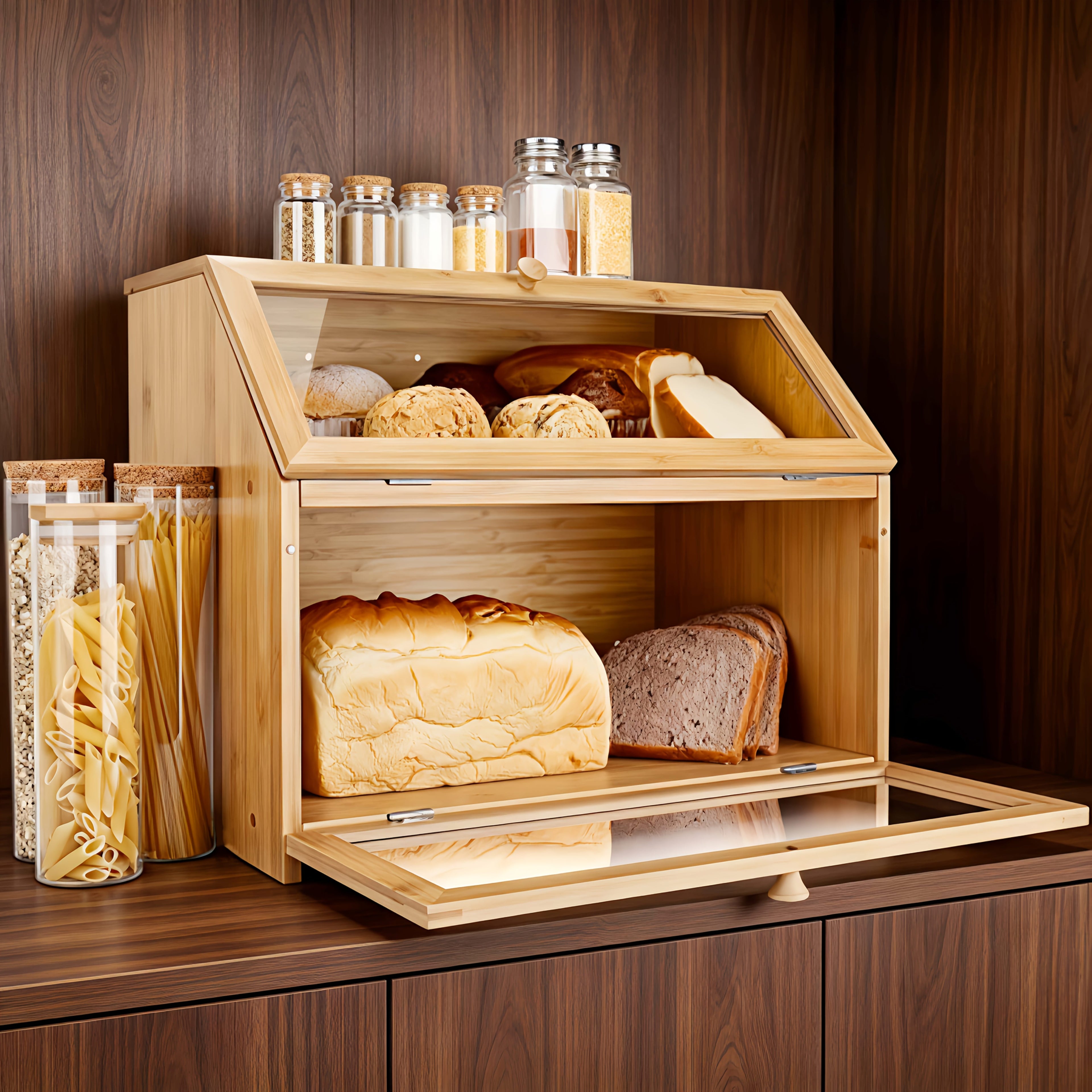 Double-Layer Bread Box | Kitchen Countertop Food Storage Organizer, Suitable for Bread, Fruits, and Snacks | Suitable for Living Room, Kitchen, Pantry, and Dining Areas