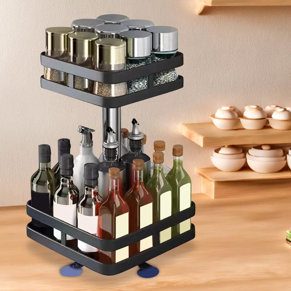 2 Tier Metal Lazy Susan Spice Rack Rotate Height Adjustable Seasoning Organizer