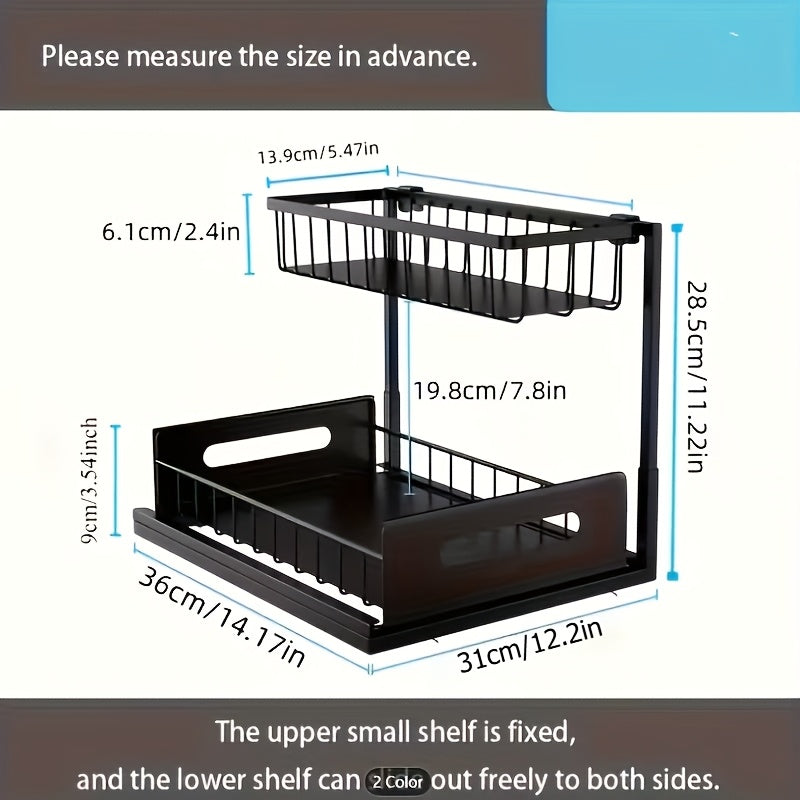 Kitchen Essential – Two-Tier Under-Sink Organizer Featuring a Sliding Drawer, Metal Pull-Out Storage Rack for Kitchen, Bathroom, Or Closet, Designed for Space Efficiency And Easy Access for