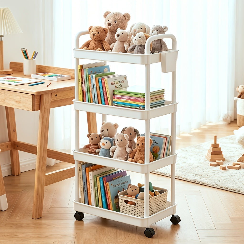 3/4/5-Tier Plastic Rolling Utility Cart with Handle, Multi-Functional Storage Trolley for Office, Living Room, Kitchen, Movable Storage Organizer with Wheels, White