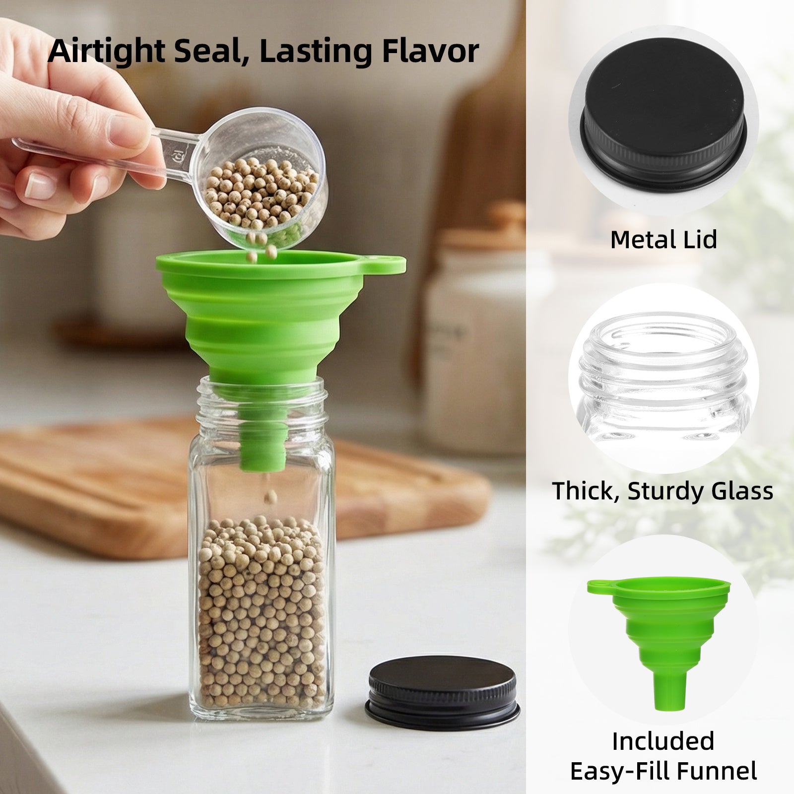 whonline 16pcs/24pcs/36pcs/48pcs Spice Jars, 4oz Glass Spice Jars with Labels - Shaker Lids, Collapsible Funnel, Brush and Marker, Seasoning Bottles for Spice Rack Drawer Cabinet