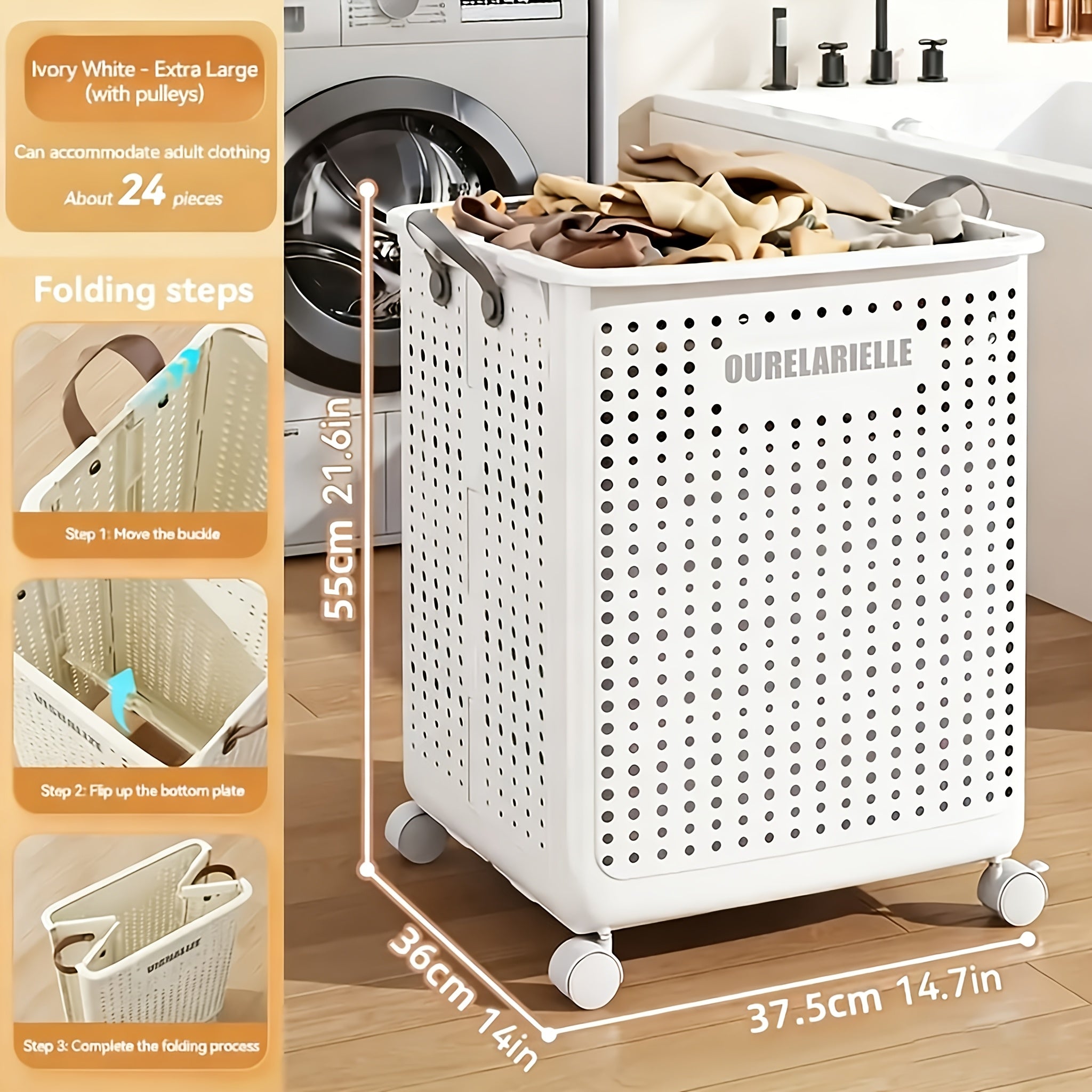 15.8/20GaA Large Foldable Wheeled Laundry Basket (Multiple Sizes Available) Without Lid - Faux Leather, Solid Color, Versatile Folding Portable Laundry Basket for Bathroom and Balcony Storage, Laundry Bag, Laundry Room Accessories, Laundry Baskets