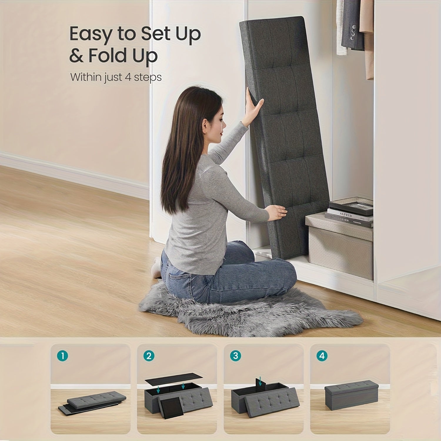 [Multi-Purpose Ottoman Bench] Heavy-Duty Multi-Purpose Folding Storage Ottoman Bench with Seat | Indoor/Outdoor, Space-Saving Design, Non-Porous Easy-Clean Surface - Perfect for Living Room, Bedroom, Patio, Garden Tool Storage - Gray Organizer Bench
