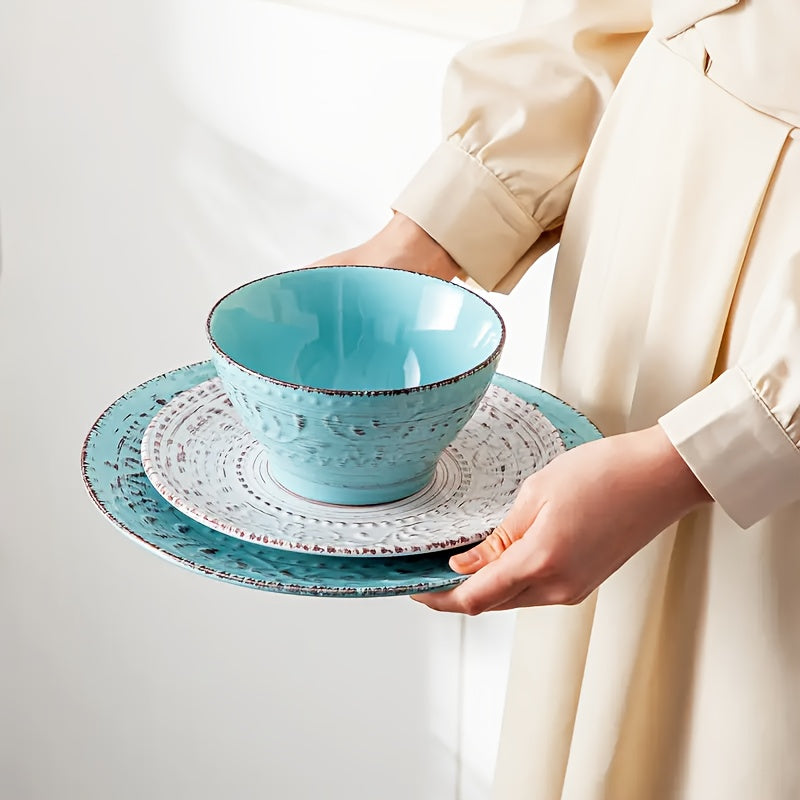 [Gifts Weddings Anniversaries] 16pcs Dinnerware Set Service for 4, Blue & Coffee Color Stoneware Set, Bowls Set, Dishes Set, Including Dinner Plates, Dessert Plates, Salad Bowls And Mugs. Chip & Scratch Resistant. Dishwasher & Microwave Safe. Gifts for We