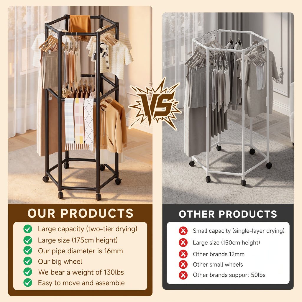 Compact Adjustable Home Storage Rack – durable multi-purpose storage, Rotating Clothing Rack with Wheels Heavy Duty Metal Garment Rack for Hanging Clothes Multifunctional, designed for American homes, daily convenience and practical gifting