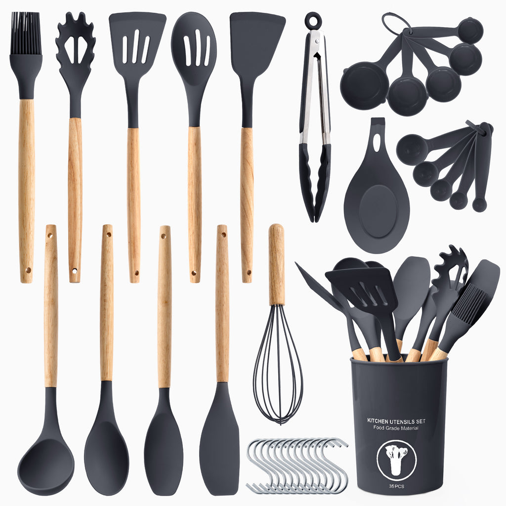 Kitchen Essential – 35 Piece Kitchen Utensils Set with Holder - Heat Resistant Wooden Handle - Silicone Non-Stick Cooking Spatula, Kitchen Essentials Tools and Gadgets for Modern US Homes, e