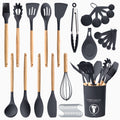 Kitchen Essential – 35 Piece Kitchen Utensils Set with Holder - Heat Resistant Wooden Handle - Silicone Non-Stick Cooking Spatula, Kitchen Essentials Tools and Gadgets for Modern US Homes, e