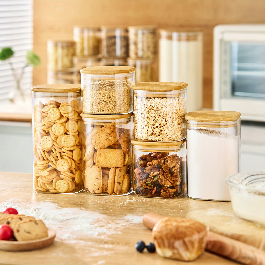Modern 80oz Airtight Storage Jar Set – clear reusable pantry storage, Square Glass Jars With Bamboo Lids - 80oz X1 42oz X2 27oz X2 Airtight, designed for American homes, daily convenience and practical gifting