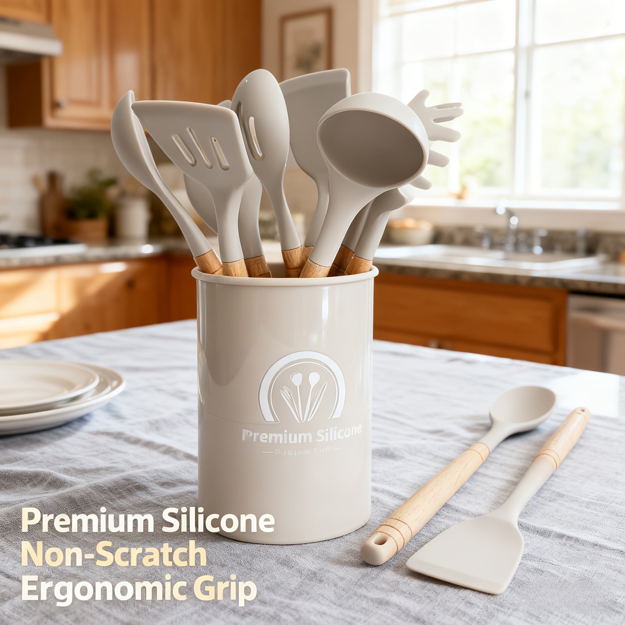Space-Saving Home Storage Organizer – space-saving everyday organization, Kitchen Utensil Set Includes Wooden Handle Silicone Cooking Tools Heat-Resistant Silicone Spatula Wooden Handle, designed for American homes, daily convenience and practical gi